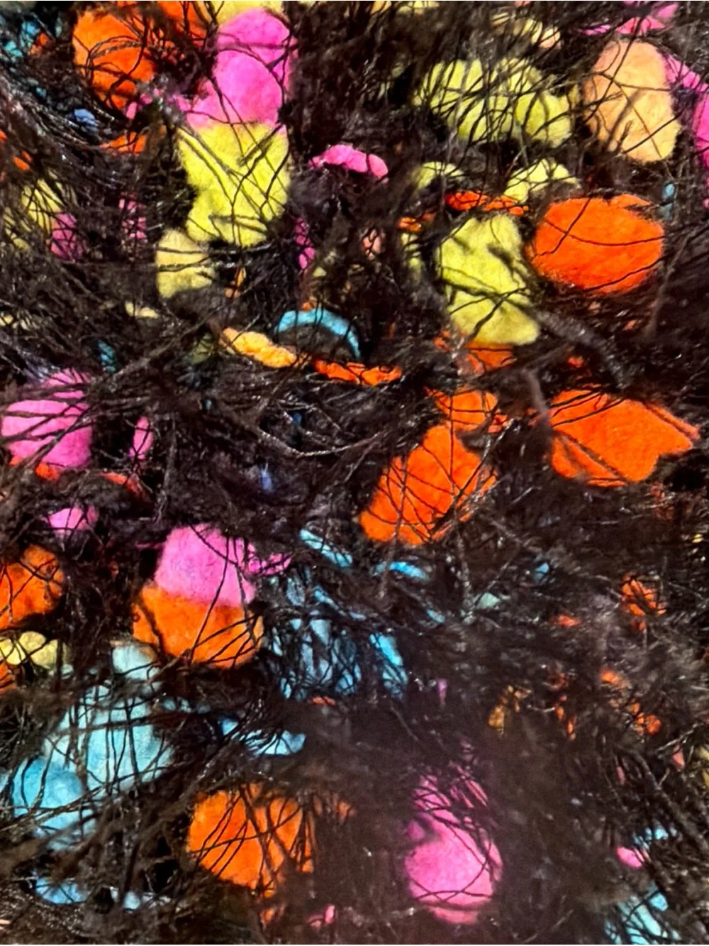 Fuzzy Black Eyelash Scarf with Multicolor Pom Accents - Women's Accessory Y2K